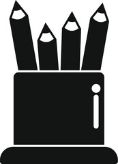 Black and white icon of pencils standing in a pencil holder, perfect for representing art supplies