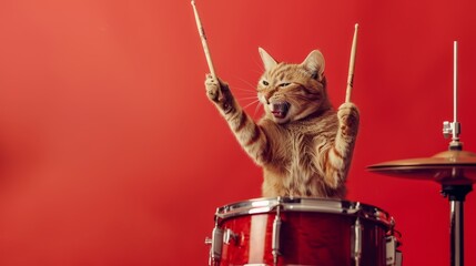 A cat playing the drums energetically like a human musician, on a plain red background with copy space on the right side