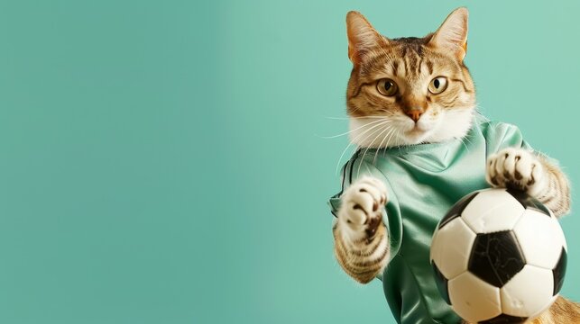 A playful cat in a green jersey holds a soccer ball, capturing the fun spirit of sports and pets in a vibrant setting.