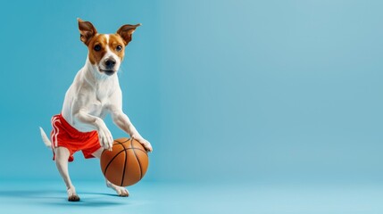 A playful dog dribbles a basketball, showcasing a fun and energetic spirit against a bright blue background.