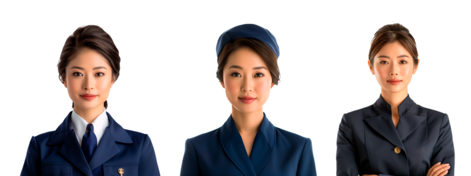 A set of portrait of a woman of Asian appearance on a white or transparent background. Flight attendant in uniform, looking at the camera, pilot's assistant.