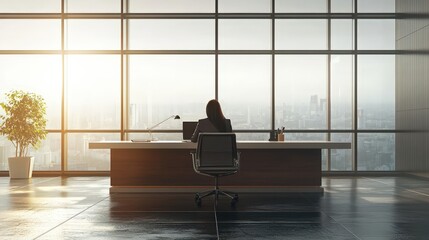 Fototapeta premium Businesswoman Working at Desk with City View.