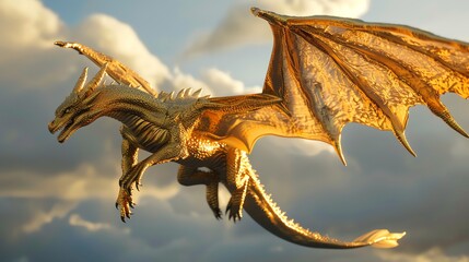 Fototapeta premium A golden dragon flies in the sky.
