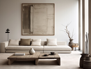 Wabi sabi japanese style rustic interior living room in neutral with wood texture elements
