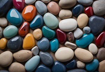 AI. A pile of multi-colored sea stone. Varieties of sea oval stones. Smooth minerals and crystals lie.
