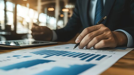 Businessman Analyzing Data Charts and Graphs with Pen.