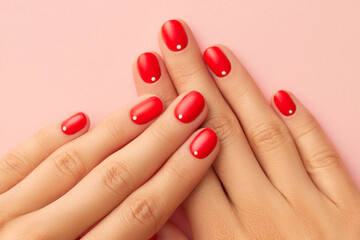 Close up womans hands with red minimalist nail design on pink background