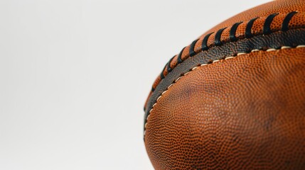 Detailed close-up of a vintage leather football, showcased against a pristine white backdrop