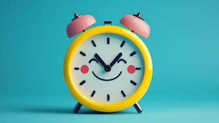 A cartoon clock with a smiling face and moving hands 