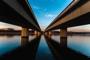 The beautiful sunrise reflecting on lake burley griffin, Canberra, in the morning