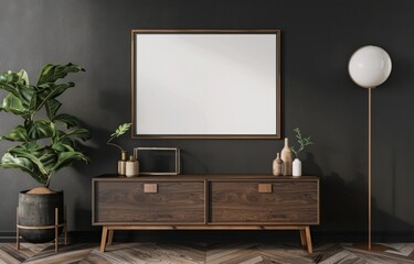  a Blank Poster Frame on a Dark Gray Wall Above a Modern Cabinet. 
