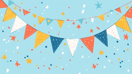 Fototapeta premium Colorful bunting and festive decorations with a blue background, creating a celebratory atmosphere for a party or celebration