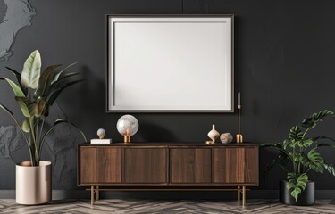  a Blank Poster Frame on a Dark Gray Wall Above a Modern Cabinet. 
