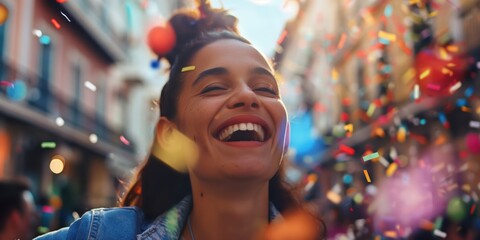 Obraz premium Joyful Woman Celebrating with Confetti created by ai