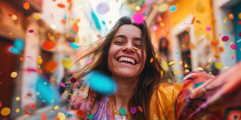 Obraz premium Joyful Woman Celebrating with Confetti created by ai