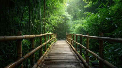 Obraz premium A bamboo path leading through a lush green forest, offering a peaceful and inviting scene.