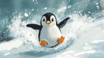 Fototapeta premium A cheerful cartoon penguin sliding on ice 