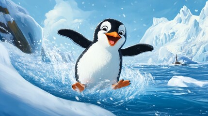 Obraz premium A cheerful cartoon penguin sliding on ice 