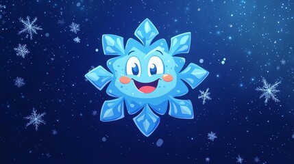 Cute animated snowflake character smiling against a starry blue background, suitable for winter-themed content