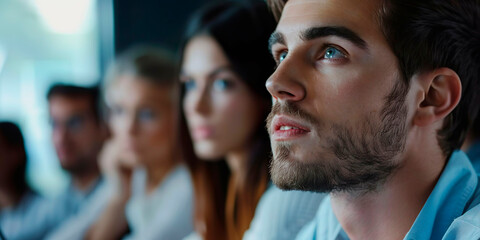 Obraz premium Close-up of young college student paying attention, surrounded by peers. 