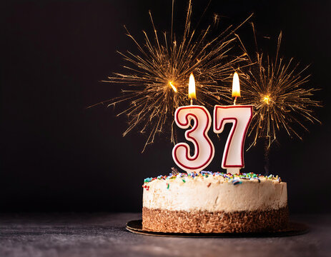 Birthday cake with 37 years birthday candle on dark background with bokeh. copy space	