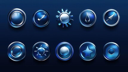 Blue and Silver 3D Buttons with Various Icons.