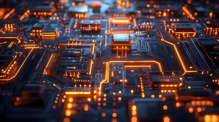 Obraz premium Futuristic Circuit Board with Glowing Orange Lines