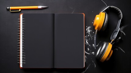 Black Notebook, Yellow Headphones, and Pencil on Black Background