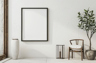  Mockup of an Empty Picture Frame on a Soft White Wall with Decorative Books and a Vase of Olive Branches