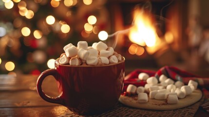A cup of rich hot chocolate with marshmallows, served in a festive mug by the fireplace.
