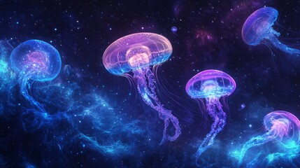 Ethereal Jellyfish in Cosmic Sea - Abstract Shapes with Bioluminescence
