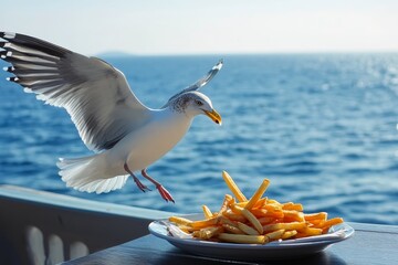 A seagull steals fries from a plate in the outdoor area of a restaurant.