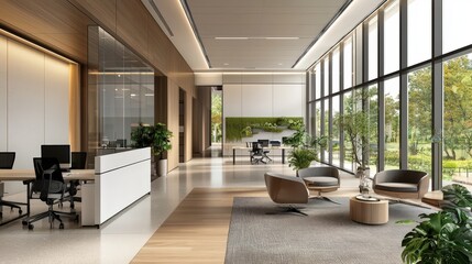 Modern Office Interior Design with Green Wall and Large Windows.