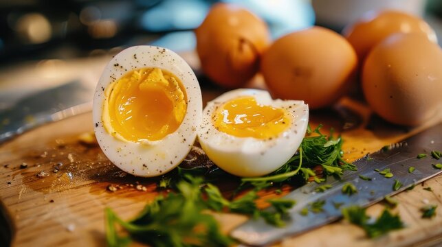 A hard-boiled egg sliced in half, showing the bright yellow yolk, on a cutting board.