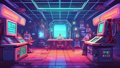 Obraz premium A retro pixel art sci-fi laboratory with futuristic equipment, glowing screens, and robotic assistants