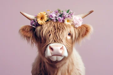 Plexiglas schilderij Schotse hooglander Cute highland cow with flower crown, AI generated  © Frédéric Prochasson