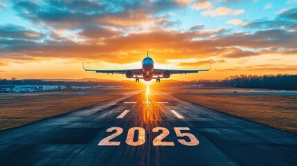 A plane taking off from an airport runway with the numbers "2025" written on it, symbolizing new beginnings and dreams in travel for the New Year's Day. 
