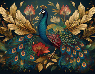 Fototapeta premium chinese style painting of a majestic peacock with golden feathers and flowers on green canvas. 