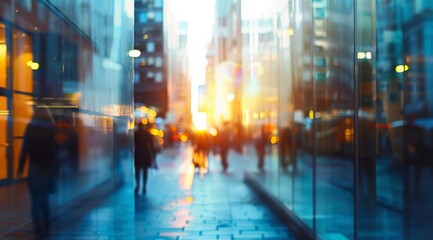 Blurred Glass Windows of Modern Office Building at Sunset with City Lights and People in Motion