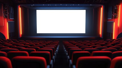 Empty Movie Theater Seats with White Screen.