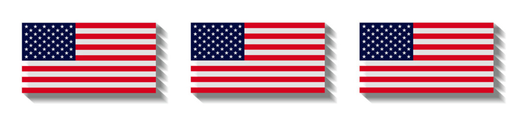 3 three flags of America, United States of America with ground shadow, isolated