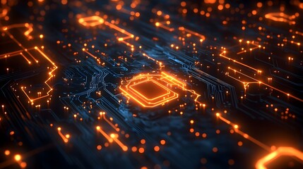 Fototapeta premium Abstract Circuit Board with Orange Glowing Lines