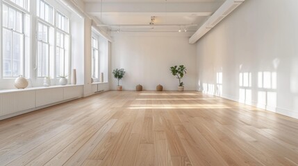 Bright and Airy Yoga Studio with Hardwood Floors and Minimalist Decor, Perfect for Mindfulness and Meditation