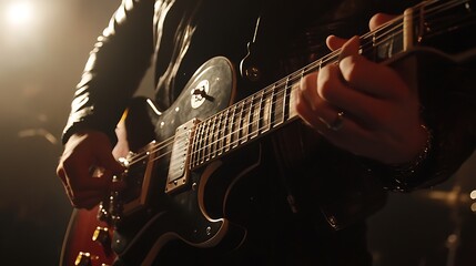 Obraz premium Guitarist Playing on Stage with Dramatic Lighting