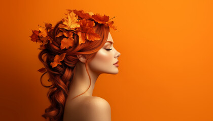 picture of attractive redhead woman model symbolizing autumn season over background