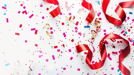 Festive red ribbon and colorful confetti scattered on a white background.