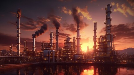 Industrial Sunset: A Striking View of a Refinery at Dusk