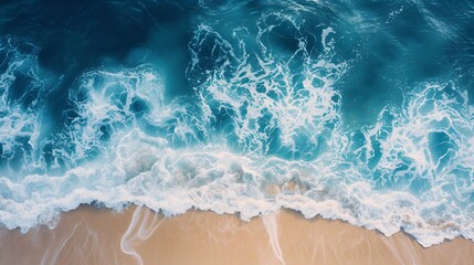 Crashing waves on the beach, Blue ocean sea surface, top view. Tropical beach