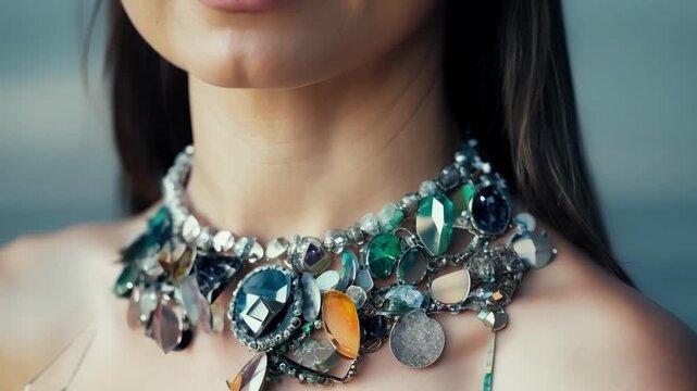 Beautiful brunette with long hair is gently smiling while wearing an elaborate handmade necklace with stones and metal ornaments