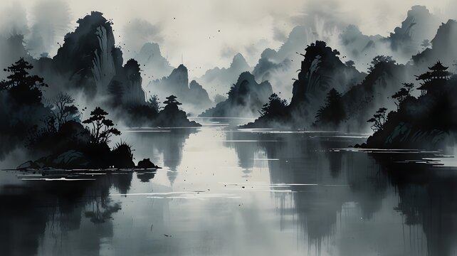 chinese ink wash painting for mountains and rivers, space for copy